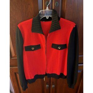 st. john red black knit jacket double pocket gold buttons sz 8